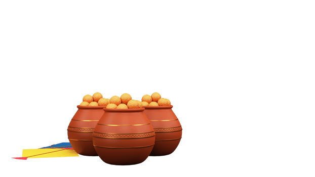3D Render Clay Pots Full Of Indian Sweet With Kites Element. png