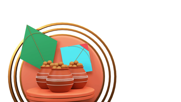 3D Render Clay Pots Full Of Indian Sweet With Kites Over Podium And Circular Frame Element. png