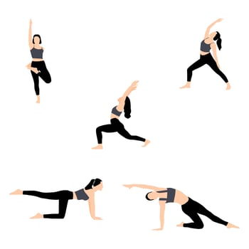 Set of yoga poses. The girl does asanas, gymnastics. Active activity for health, flexibility, balance. vector