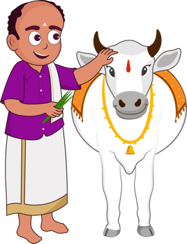 South Indian Man Feeding Grass To A Bull Or Cow Illustration. png