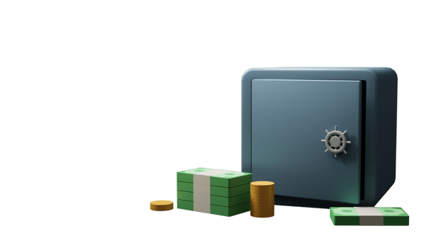 3D Render Vault Or Safe Box With Stack Of Coins, Banknotes Element. png
