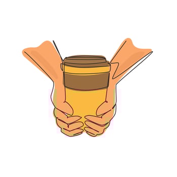 Single one line drawing take away retro illustration of vintage stylized human hands hold paper cup of hot coffee. Coffee break refreshment from work. Modern continuous line draw design graphic vector