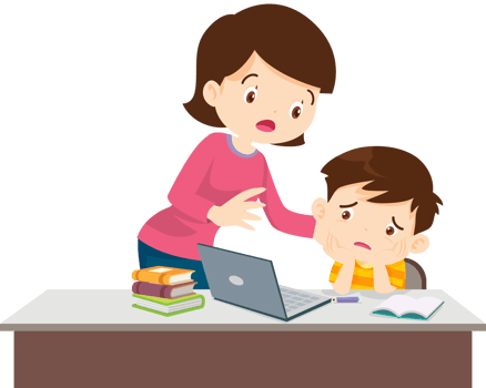 Mother Comforting son.famly and child boy bored of studying in front of the laptop png