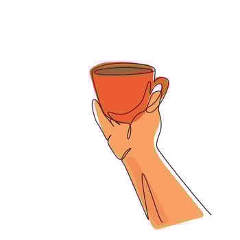 Continuous one line drawing hand hold cup of coffee steam light bulb. Worker want to drink coffee before work. Happy break morning time at office. Single line draw design vector graphic illustration