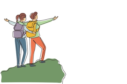 Single one line drawing couple climber man woman stands with arms outstretched on top of mountain. Winner motivational concept. Tourist with backpack. Continuous line draw design vector illustration