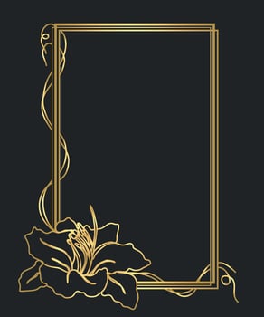 Gold glowing vintage frame with flower lily. Golden luxury realistic border. vector
