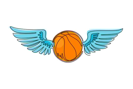 Single continuous line drawing flying basketball ball with wings. Basketball emblem. Flying ball. Black and white outline. Logo for the game and team. Dynamic one line draw design vector illustration