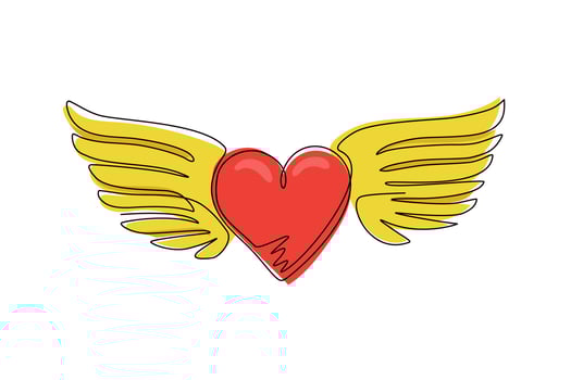 Continuous one line drawing heart love romantic with wings silhouette flat style icon. Flying heart logo with wings. Winged hearts fly in the sky. Single line draw design vector graphic illustration