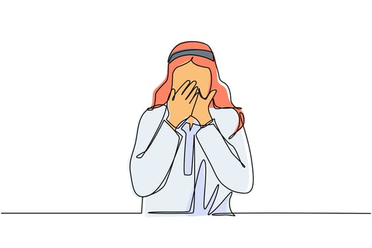 Single one line drawing young Arab man covering mouth with hands. Male mouth with hand shocked with shame for mistake, expression of fear, scared in silence, secret. Continuous line draw design vector