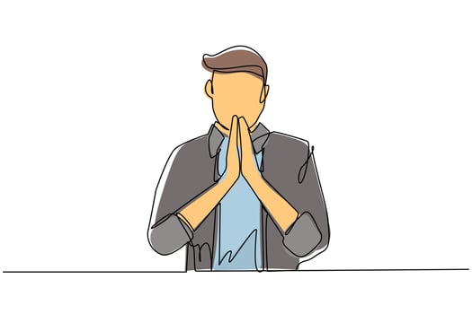 Single one line drawing young man in closed eyes praying hands together. Trendy person holding palms in prayer. Human emotion, body language. Continuous line draw design graphic vector illustration