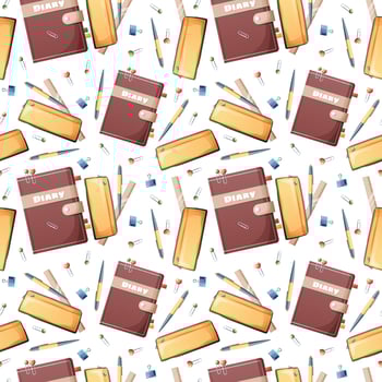 Seamless pattern with diary, pencil case, paper clips, pen, pencils on a dark background. Back to school, knowledge day. Suitable for textiles, paper, wallpapers, etc. vector