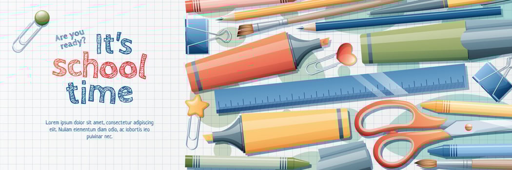 Back to school banner template. Background with stationery pencils, pen, brush, scissors, paper clips. School theme, knowledge day, study vector