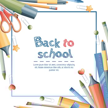 Square background from office supplies. Pen, pencil, marker, brush, paper clips. Back to school, study, office theme. Poster, flyer, banner for advertising vector