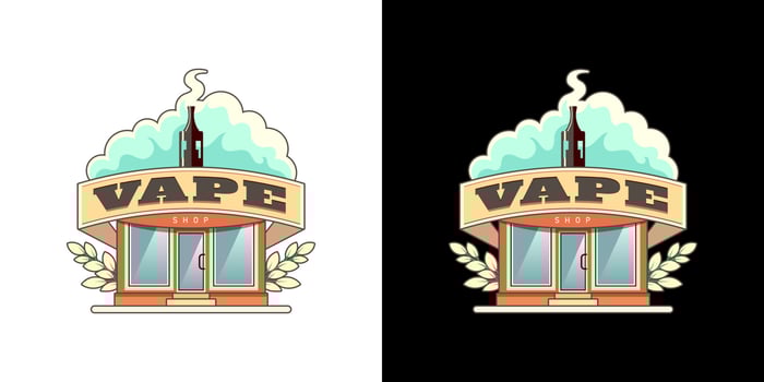 Vape shop retro style logo set. Hipster vaporizers with smoke cloud and lettering. Electronic cigarette store vintage logotype. E-cigarette vaping seller badge vector eps design template