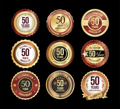 Collection of golden anniversary badge and labels vector illustration
