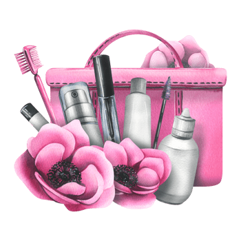 Cosmetic bag with creams, brushes and makeup products pink with flowers. Watercolor illustration, hand drawn. Isolated composition , for a beauty salon, cosmetics manufacturers. png