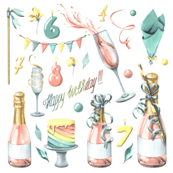 Festive set with pink champagne in bottles and glasses, with a cake, flags, confetti and numbers. Watercolor illustration, hand drawn. Isolated objects for birthday png