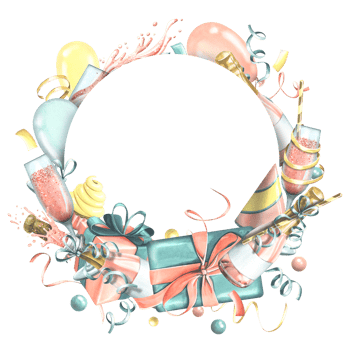 The festive frame is round, with pink champagne in bottles and glasses, with a cake, flags, confetti and gifts. Watercolor illustration, hand drawn.  for birthday png