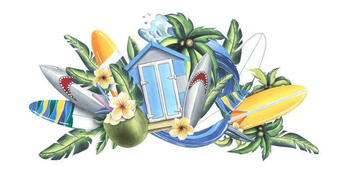 Wooden beach cabin with surfboard, tropical monstera leaves, frangipani flowers, road sign and cocktail in coconut. Watercolor illustration, hand drawn. Isolated composition png