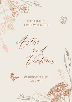 Wedding invitation with hand drawn summer herbs. Vertical wildflowers design. Vector illustration in sketch style. Meadow flowers aesthetic background