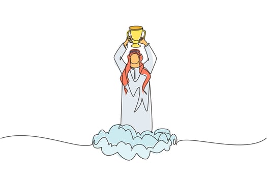 Single one line drawing Arabian businessman holding trophy in cloud. Showing award celebrates his victory in sky. Business success goal achievement. Winning competition. Continuous line design vector