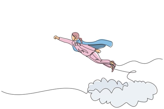 Single one line drawing businesswoman superhero flies up and leaves cloud of dust. Super worker in cloak takes off. Power and uniqueness business concept. Continuous line draw design graphic vector