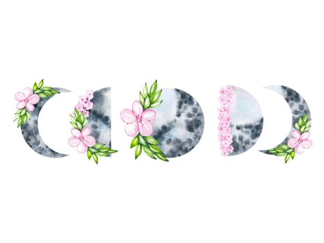 Hand drawn moon phase illustration, flower moon, watercolor vector