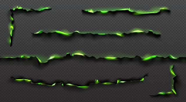 Realistic set of green fire burning on paper edges vector