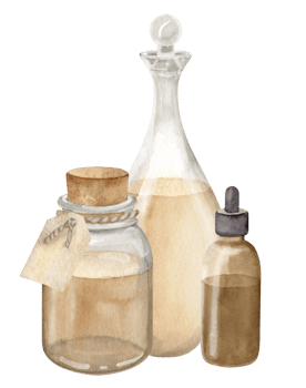 Glass Bottles and decanter with essential oil for aromatherapy and pharmacy. Hand drawn watercolor illustrations of vintage flacons on isolated background. Drawing of natural cosmetic or medicine. png