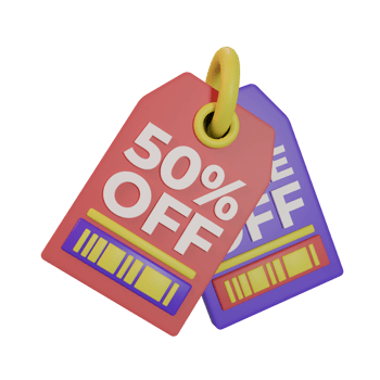 A red and purple price tag with off on it. Hang tag 3d icon png