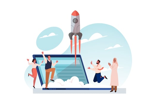 Teamwork, goal achievement, success, business startup launch concept vector