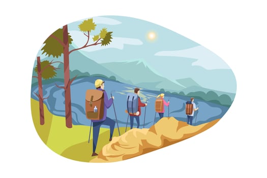 Travelling team, tourism, nature, hiking concept vector