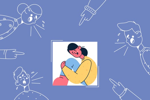 Feeling pressure, negative emotions, depression concept. Unhappy stressed scared girl sitting hiding inside box with negative human emotions outside feeling pressure and negative attitude from people vector