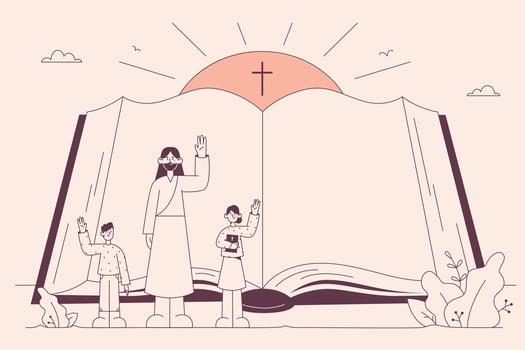 Holy Bible, Christianity, religion concept. Open religious book with Jesus and children characters waving their hands showing importance of religion for everyone vector illustration