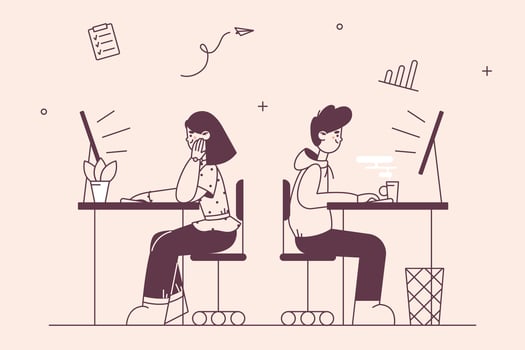 Office work, business, teamwork concept. Man and woman sitting and working at office desks with desktop computers together vector illustration
