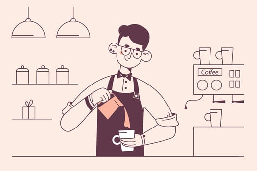 Barista during work concept. Young smiling man barista cartoon character working at cafeteria making coffee for client vector illustration