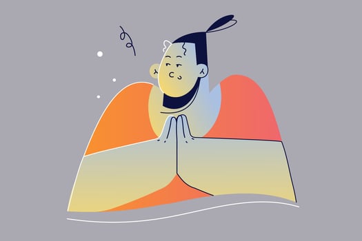 Emotion, face, expression, idea, plan, mystery concept. Young happy cunning woman girl teengaer cartoon character planning something tricky moving fingers near chest smiling mysteriously looking aside vector