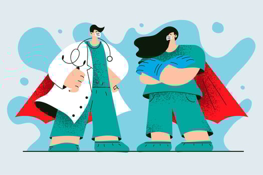Superhero doctors working during COVID-19 pandemic concept. Young woman and man doctors cartoon characters wearing medical protective face masks standing during work at outbreak virus times vector