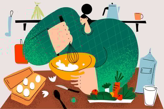 Baking, cooking homemade pastry concept. Young happy girl or boy cartoon character standing with mixer and mixing ingredients for preparing dough in bowl vector flat illustration