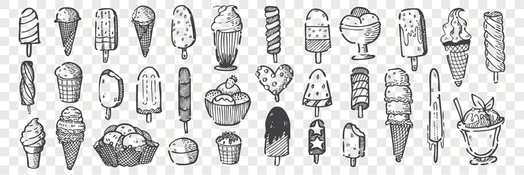 Hand drawn ice cream doodle set. vector