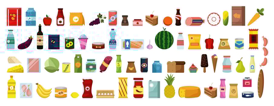 Hand drawn food and drinks doodles set vector