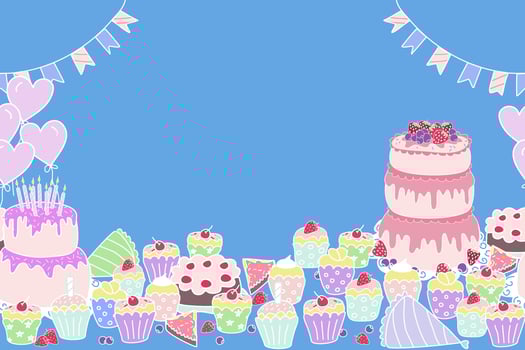 Happy Birthday cake party invitation background banner doodle vector illustration seamless. Celebration with cake balloons hat snack garland decoration. Copy space. Freehand drawing. For kid party.