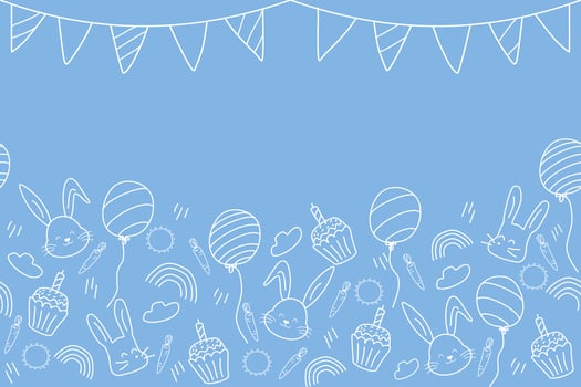 Happy Birthday cake party invitation background banner doodle vector illustration seamless. Celebration with cake balloons hat snack garland decoration. Copy space. Freehand drawing. For kid party.
