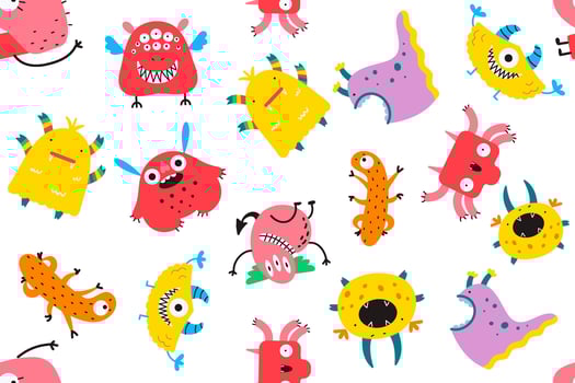 Monsters doodle set. Collection of colorful cartoon characters spooky creatures alliens ugly cyclops beasts mascots angry gremlins. Vector seamless illustration of comic Halloween symbols for print.