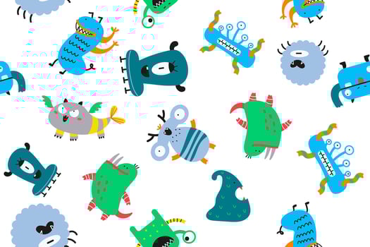 Monsters doodle set. Collection of colorful cartoon characters spooky creatures alliens ugly cyclops beasts mascots angry gremlins. Vector seamless illustration of comic Halloween symbols for print.