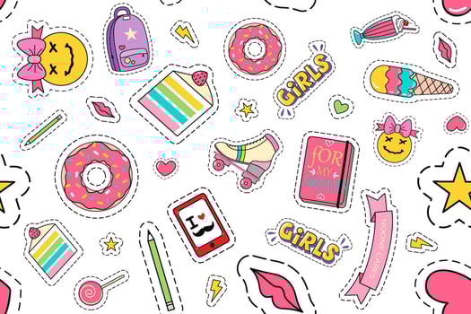 Fashion patches doodle set. Collection of funny comic girl teens colouring badges fashionable teenage fabric kawaii stickers ice cream donut diary gems. Feminine labels seamless illustration for print vector