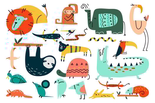 Animals doodle set. Funny colorful cartoon characters cute wild african safari mammals. Illustration of leopard lion snakes monkey zebra giraffe elephant for kids in scandinavian style for print. vector