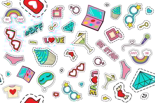Fashion patches doodle set. Collection of funny comic girl teens colouring badges fashionable teenage fabric kawaii stickers ice cream donut diary gems. Feminine labels seamless illustration for print vector