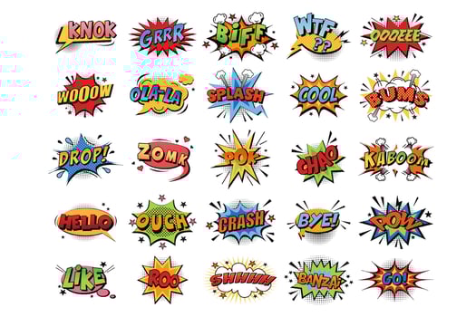 Comic book bubbles doodle set. Collection of cartoon emotional colour explosions funny comical speech clouds comics words thinking dream bubbles graphic text conversation design element illustration vector