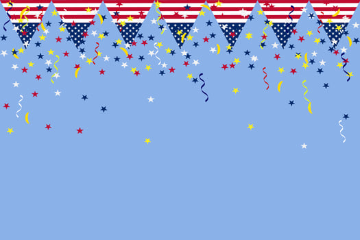 Independence Day background banner USA flag garland, bunting, balloons, confetti, star, ribbon, falling from the sky. Web advertising Celebration parade festival party decoration vector illustration.